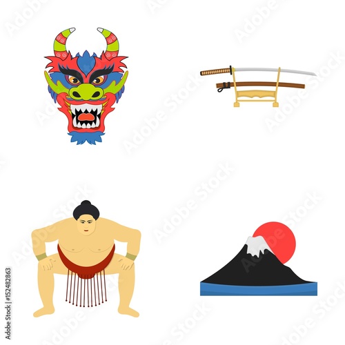 Dragon mask, katano, a man is a sumo player, a fujiama mountain.Japan set collection icons in cartoon style vector symbol stock illustration web. photo