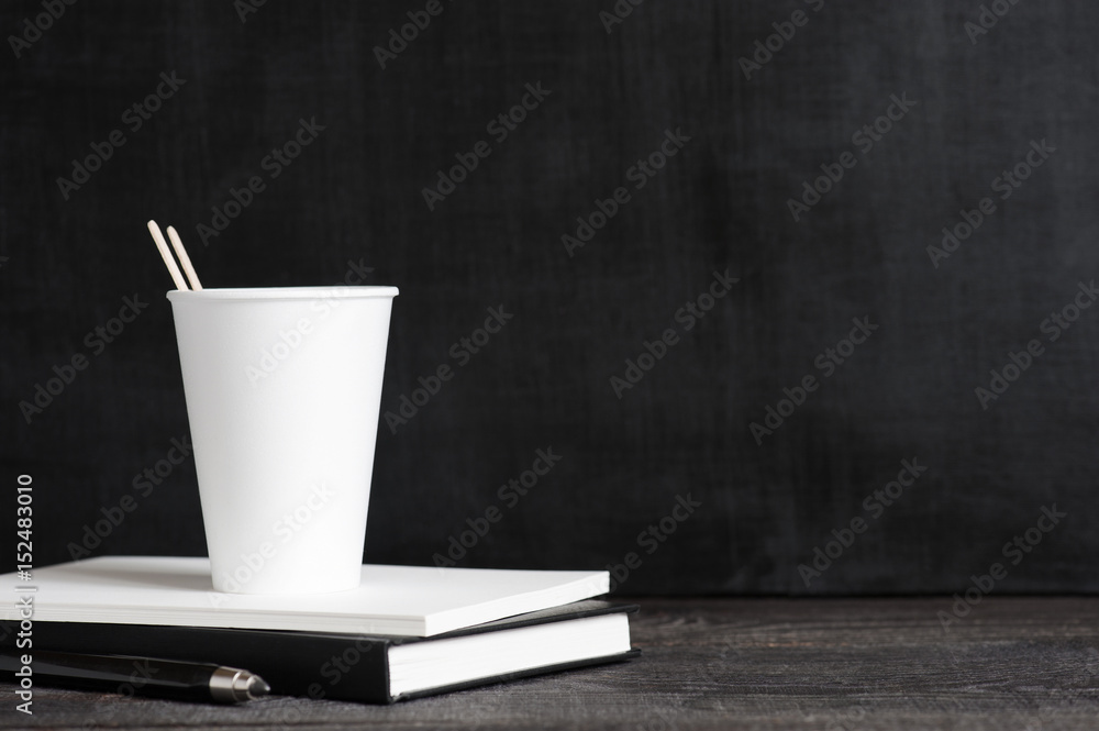 Background with disposable cup and accessories Background with disposable cup and accessories