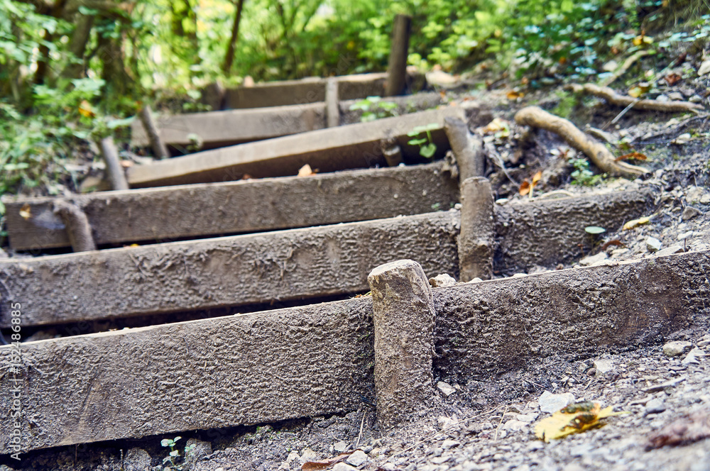 Steps in front of the suspension bridge in the mountains, Erma River Gorge, north-western Bulgaria, near the city of Tran Steps in front of the suspension bridge in the mountains, Erma River Gorge, north-western Bulgaria, near the city of Tran