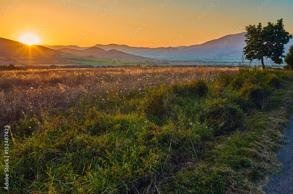 Beautiful sunset in the mountains, north-western Bulgaria, near the Busintsi village and Tran city