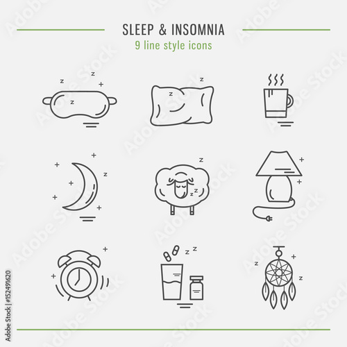 Collection of isolated vector line icons with sleep problems and insomnia symbols