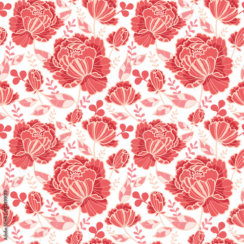 Vector Salmon Pink and Yellow Decorative Roses and Leaves Seamless Repeat Pattern Background. Great for handmade cards, invitations, wallpaper, packaging, wedding designs.