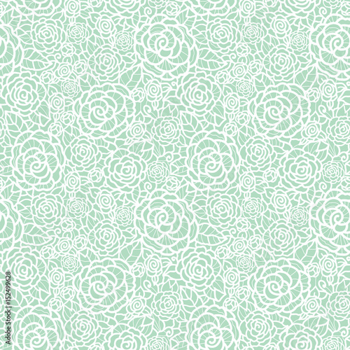 Vector gentle pastel mint green lace roses seamless repeat pattern background. Great for wedding or bridal shower decor, invitations, gifts.