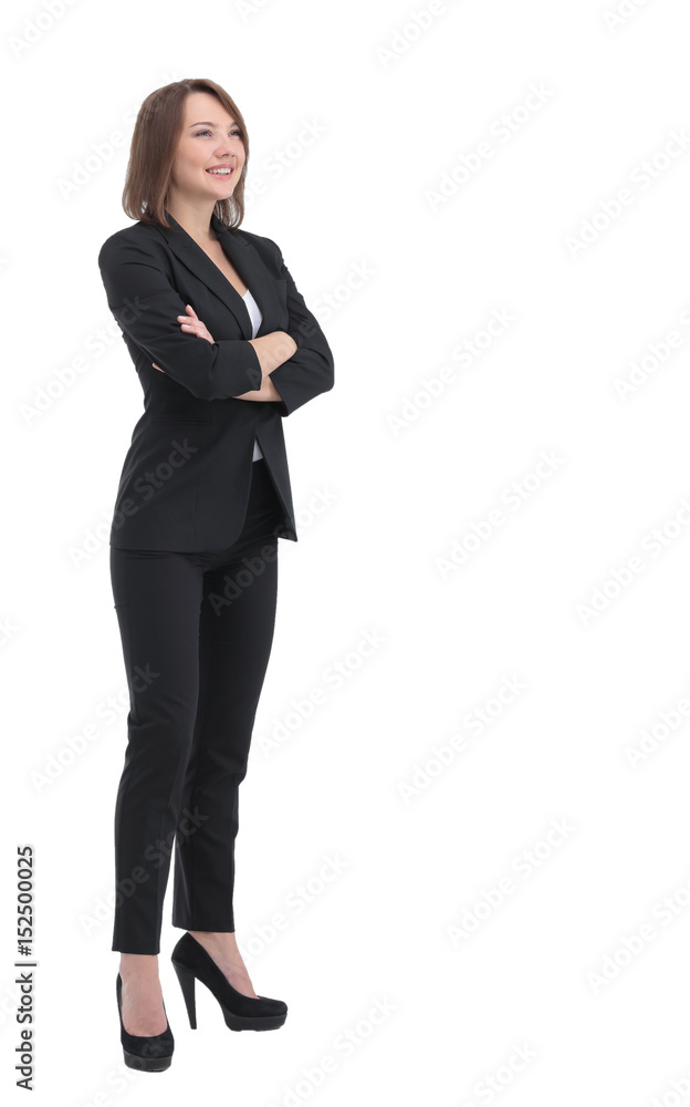Business woman stand profile with white wall background Business woman stand profile with white wall background