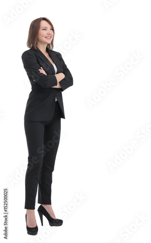 Business woman stand profile with white wall background