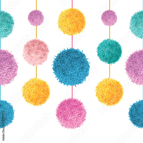 Vector Colorful Birthday Party Pom Poms On Strings Set Horizontal Seamless Repeat Border Pattern. Great for handmade cards, invitations, wallpaper, packaging, nursery designs.