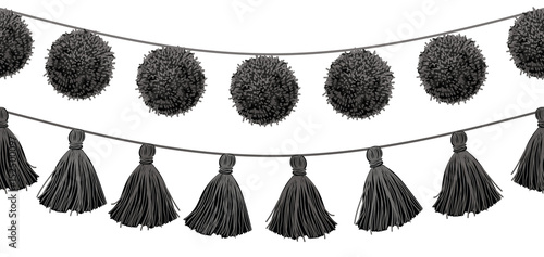 Vector Balck and White Tribal Pom Poms and Tassels Set On A String Horizontal Seamless Repeat Border Pattern. Great for handmade cards, invitations, wallpaper, packaging, home decor designs.