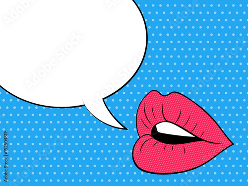 Female lips with speech bubble. Pop-art cartoons graphic. Vector