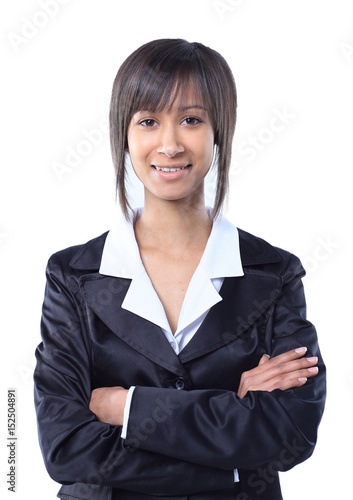 Happy businesswoman wearing black suit standing and folding arms