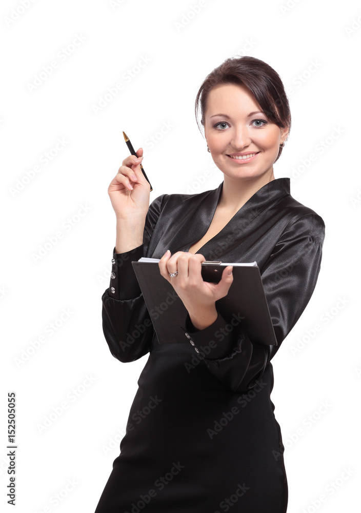 Portrait of cute young brunette business woman holding a folder. Portrait of cute young brunette business woman holding a folder.