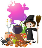 Witch and magic brew in pot