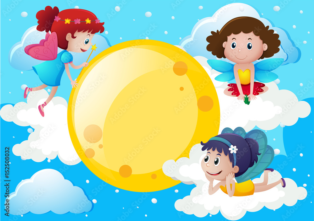 Three fairies flying around the moon