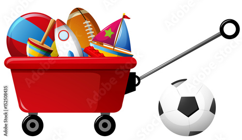 Red wagon with many toys and balls