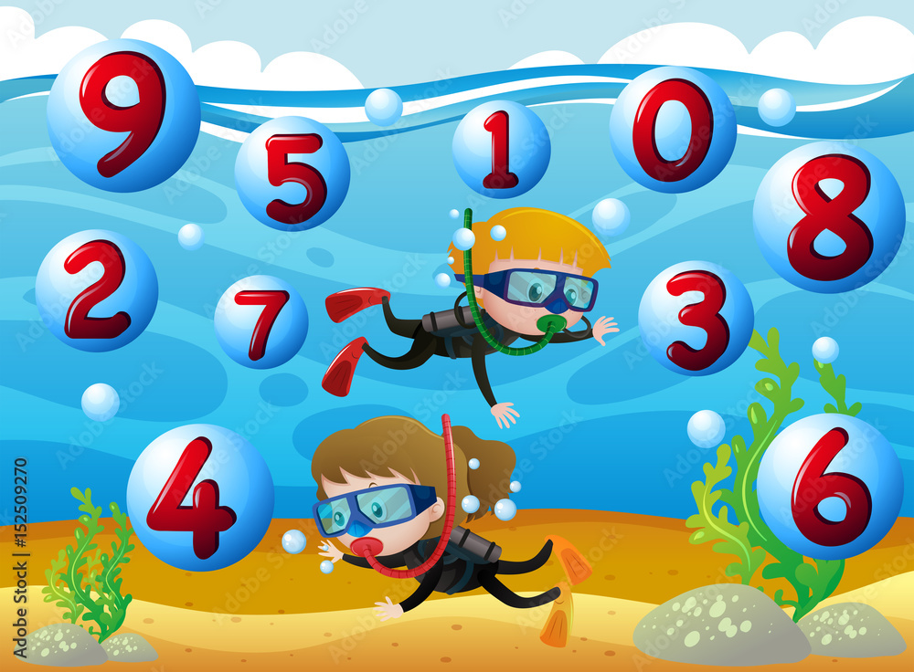 Kids scuba diving with numbers in the sea Kids scuba diving with numbers in the sea