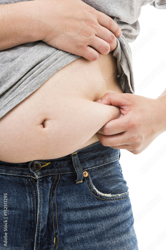 お腹の贅肉をつまむ太った男性 Stock 写真 Adobe Stock