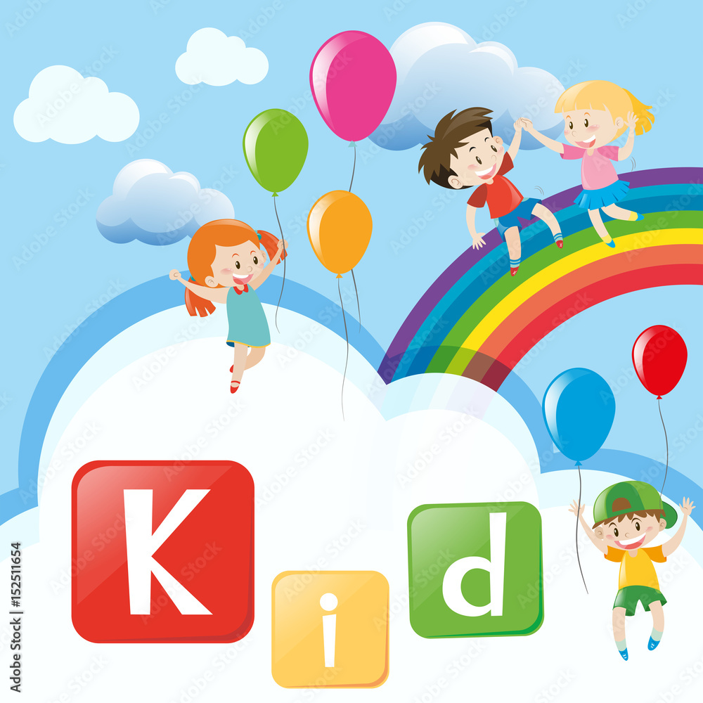 Wordcard with kids on rainbow Wordcard with kids on rainbow