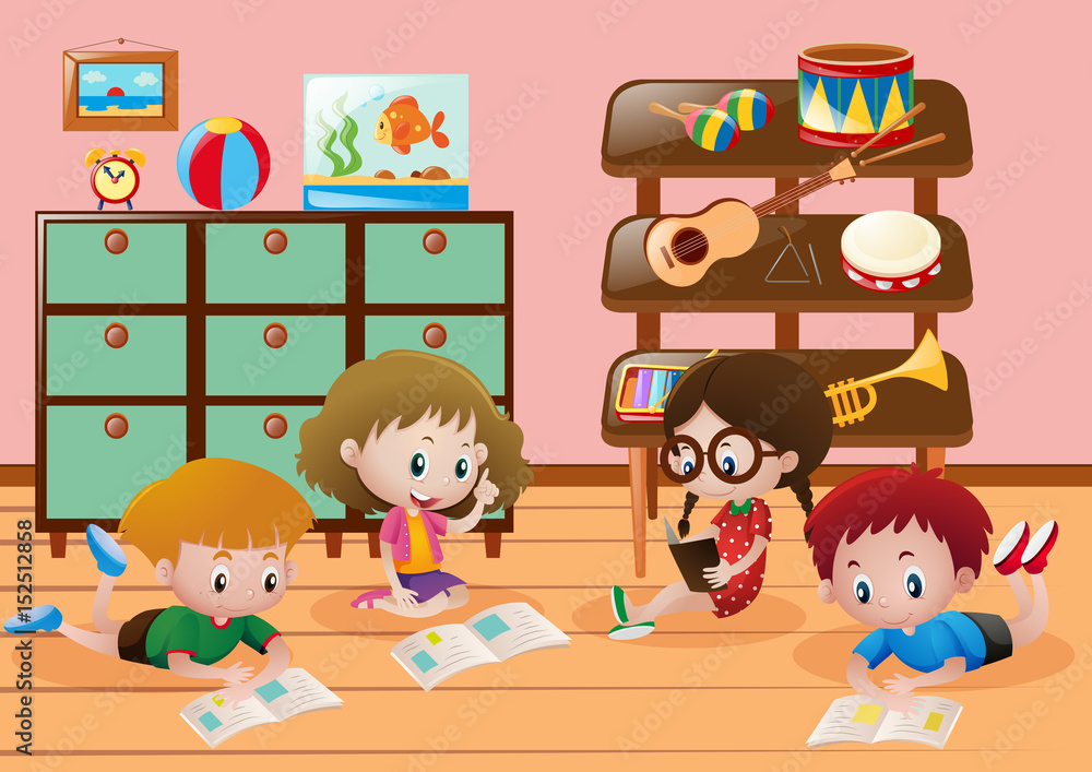 Children reading books in room Children reading books in room