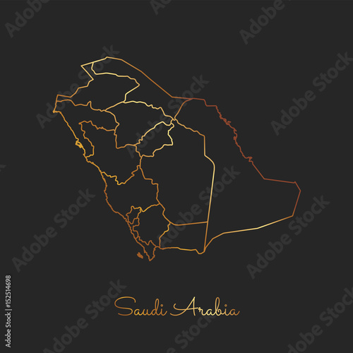 Detailed vector illustration of Saudi Arabia regions with a golden gradient outline on a dark background.