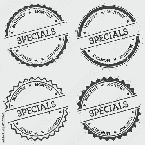 Specials monthly insignia stamp isolated on white background. Grunge round hipster seal with text, ink texture and splatter and blots, vector illustration.