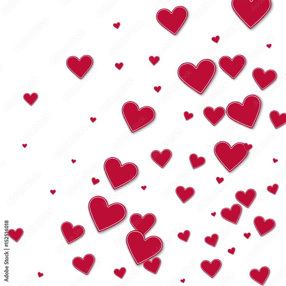 Cutout red paper hearts. Abstract random scatter on white background. Vector illustration.