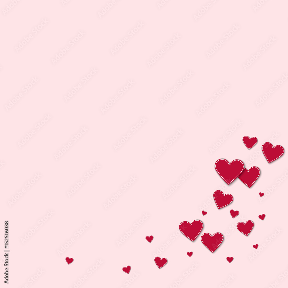Cutout red paper hearts. Bottom right corner on light pink background. Vector illustration.