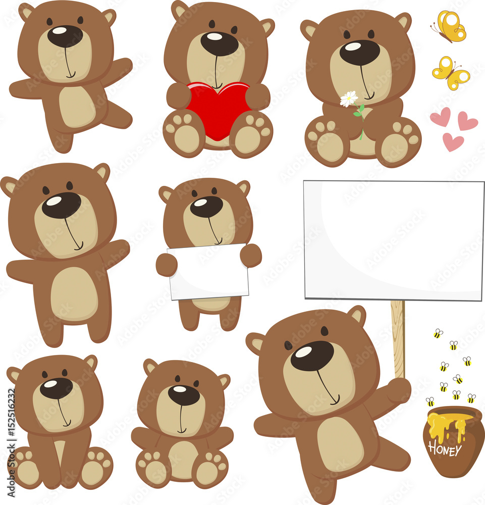 Fototapeta premium set of cute baby bears posing in differents positions and design elements, bees, honey jar, butterflies and blank placard for copy space isolated on white background