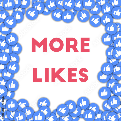 More likes. Social media icons in abstract shape background with scattered thumbs up. More likes concept in superb vector illustration.