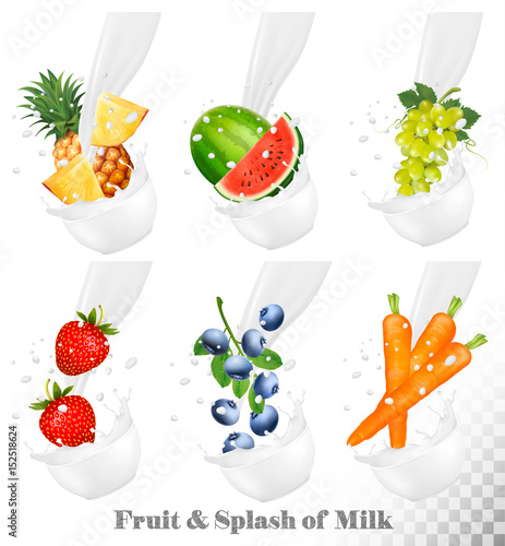 Set of different milk splashes with fruit, nuts and berries. Watermelon, grape, carot, strawberry, blueberry, pineapple. Vector Set.