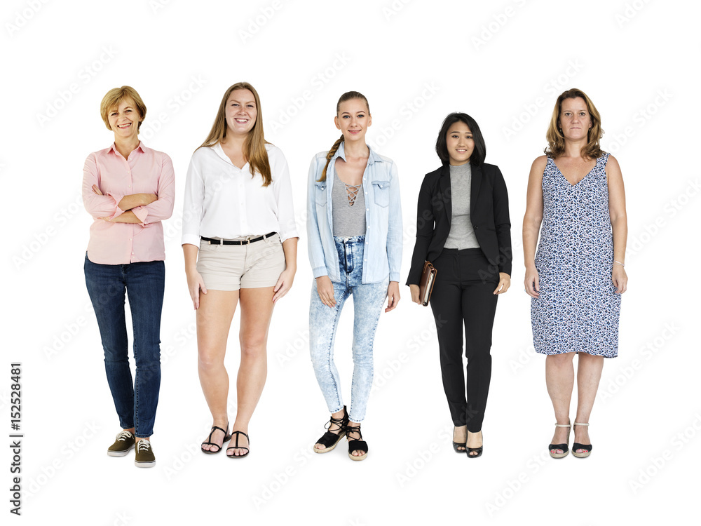 Diversity Women Set Gesture Standing Together Studio Isolated - obrazy, fototapety, plakaty 