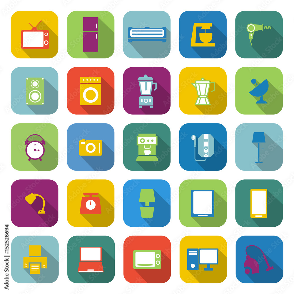 Household color icons with long shadow Household color icons with long shadow