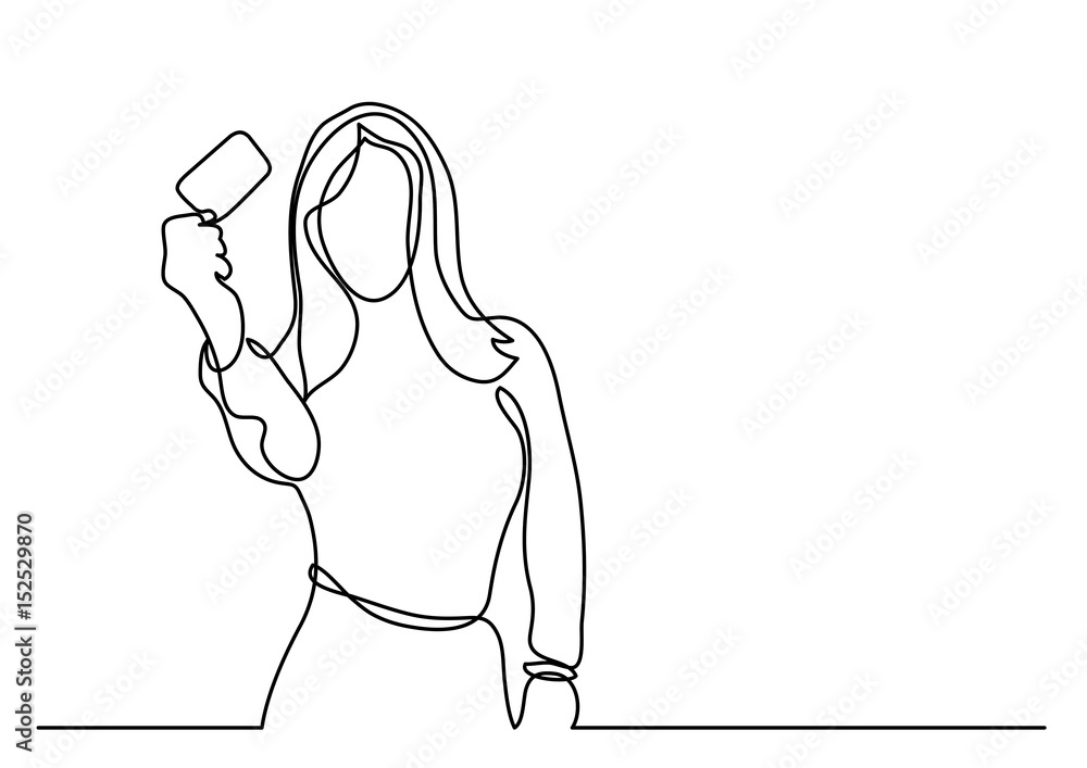 young woman showing credit card - continuous line drawing young woman showing credit card - continuous line drawing