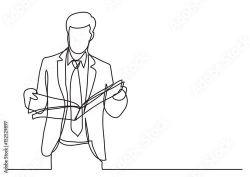 standing businessman reading newspaper - continuous line drawing