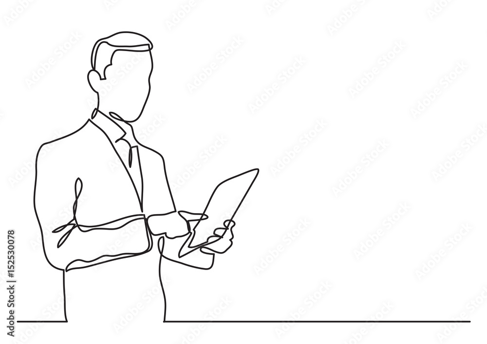 standing businessman holding tablet - continuous line drawing