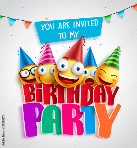 Birthday party invitation vector design with happy smileys wearing colorful birthday hats in 3D text in white background. Vector illustration. 