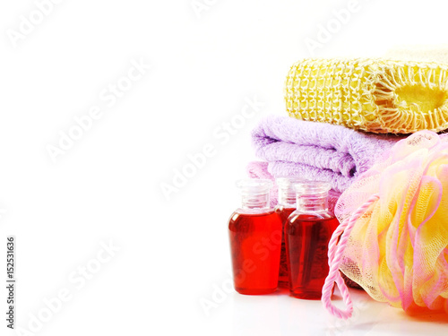 hygiene products with Shampoo soap towel and loofah isolated on white background