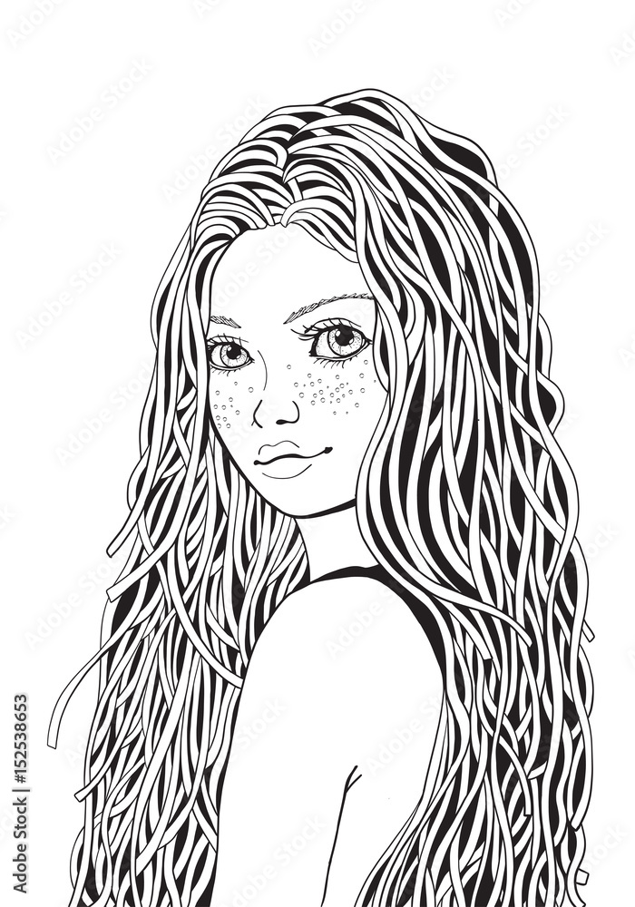 Cute girl. Coloring book page for adult. Black and white. Doodle ...