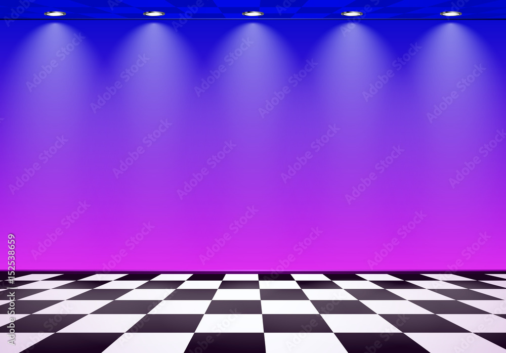 80s styled vapor wave room with blue and purple wall over checked floor ...