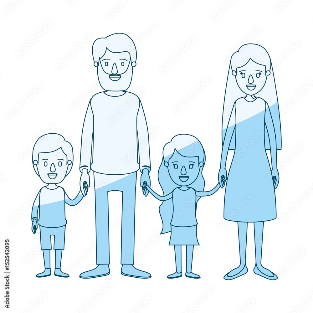 blue silhouette shading caricature family with parents and little kids taken hands vector illustration blue silhouette shading caricature family with parents and little kids taken hands vector illustration