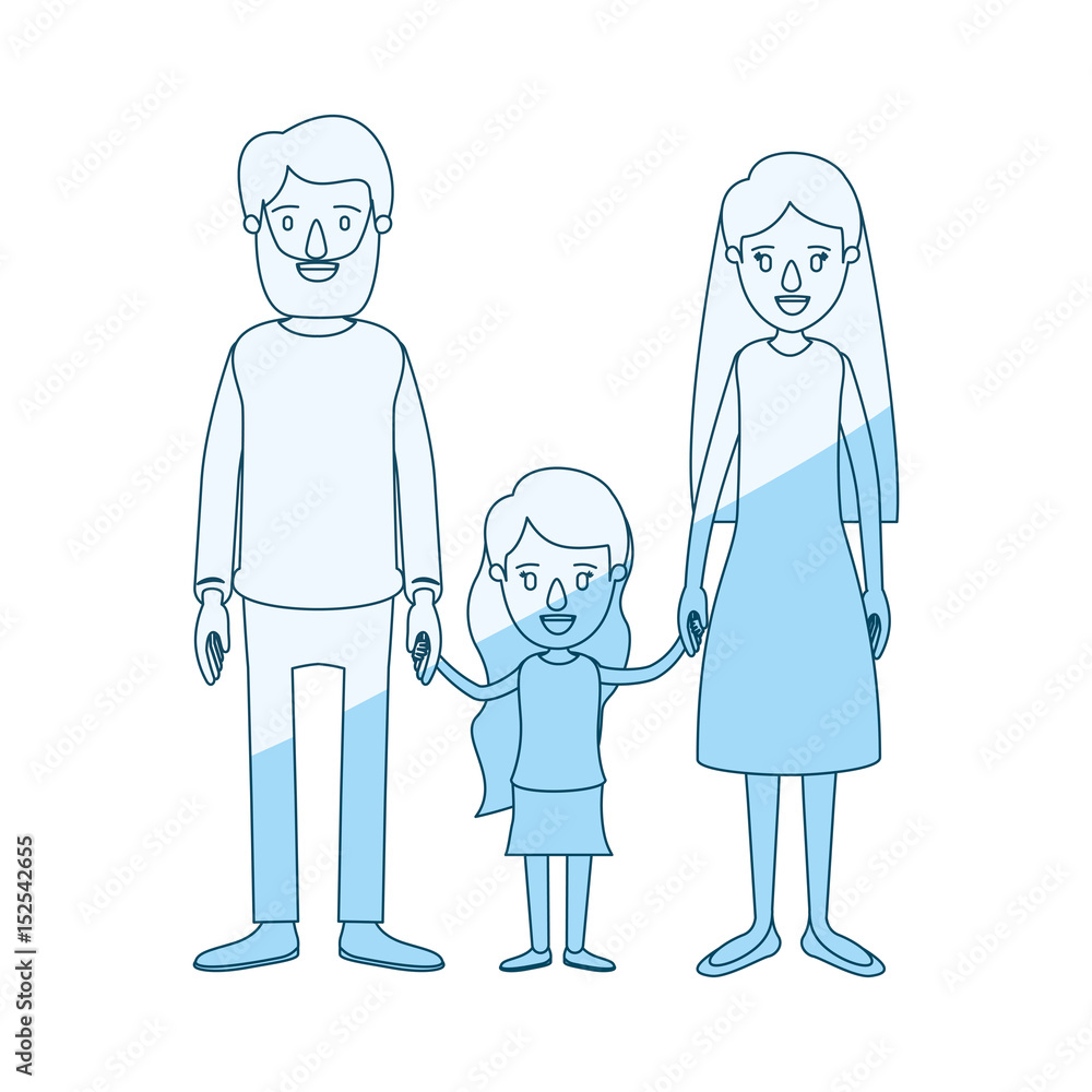 blue silhouette shading caricature family with father bearded and mom with long hair with little girl taken hands vector illustration blue silhouette shading caricature family with father bearded and mom with long hair with little girl taken hands vector illustration