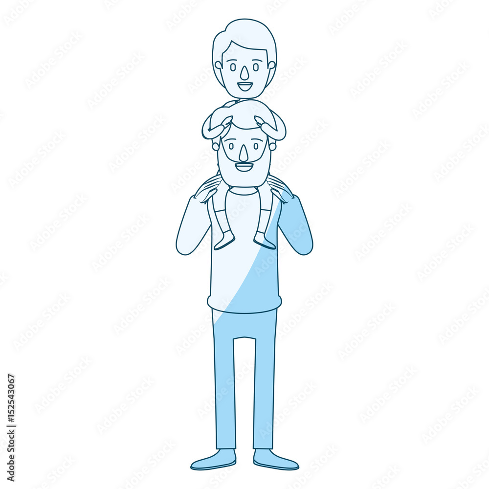 blue silhouette shading caricature bearded father with boy on his back vector illustration blue silhouette shading caricature bearded father with boy on his back vector illustration