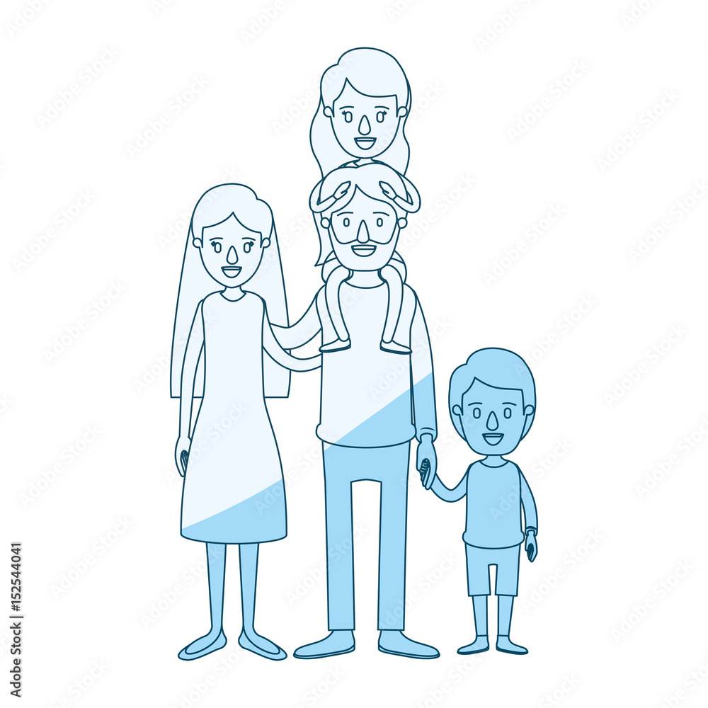 blue silhouette shading caricature family parents with girl on his back and boy taken hands vector illustration blue silhouette shading caricature family parents with girl on his back and boy taken hands vector illustration