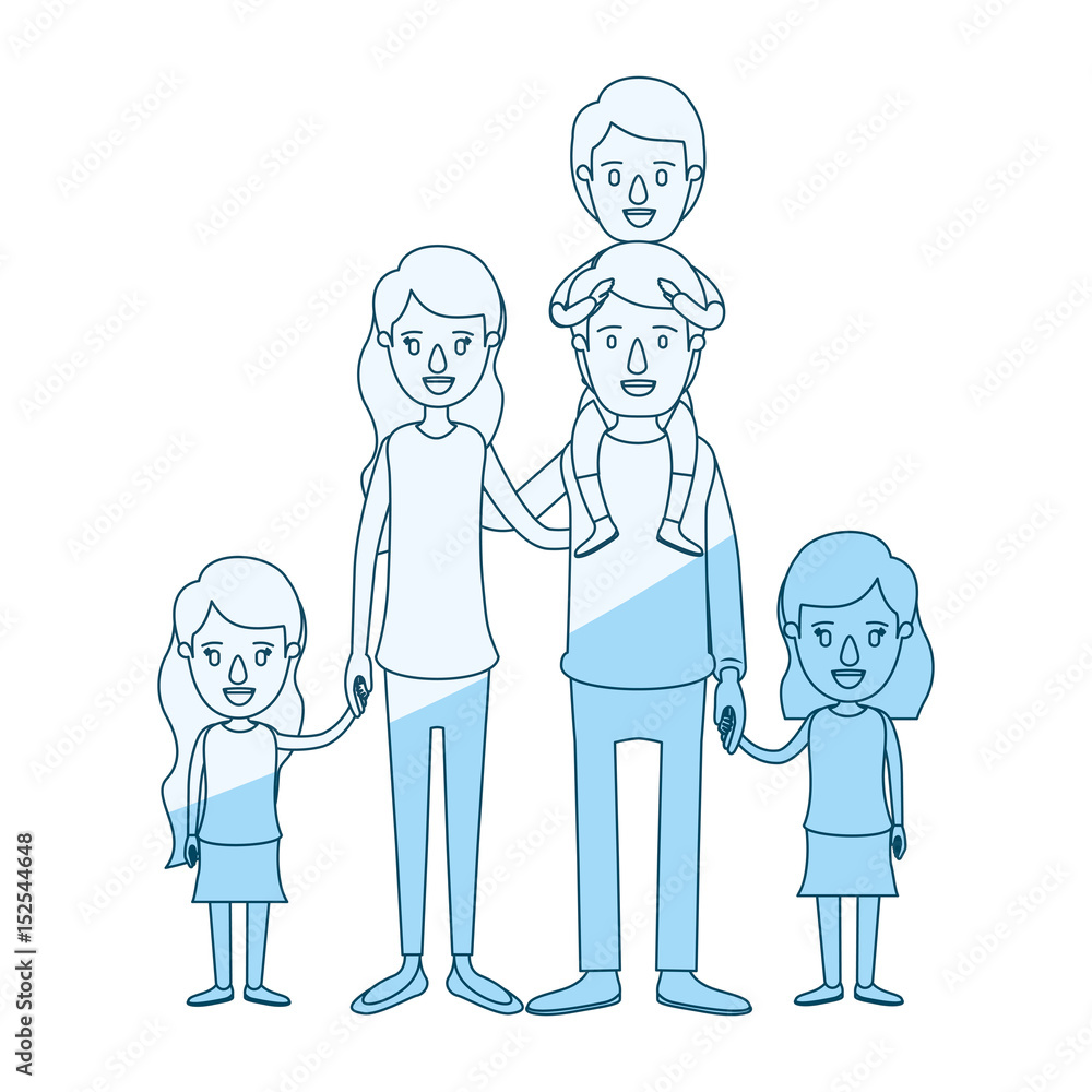 blue silhouette shading caricature big family parents with boy on his back and daugthers taken hands vector illustration blue silhouette shading caricature big family parents with boy on his back and daugthers taken hands vector illustration