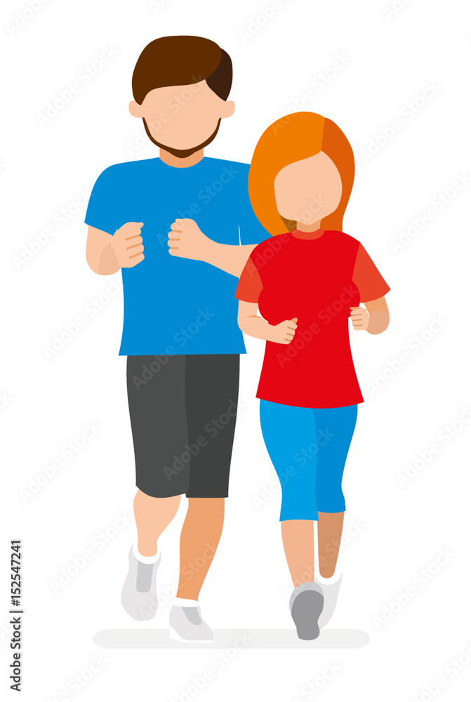 The guy with the girl running. Young athletes. Healthy lifestyle. Flat vector illustration. The guy with the girl running. Young athletes. Healthy lifestyle. Flat vector illustration.