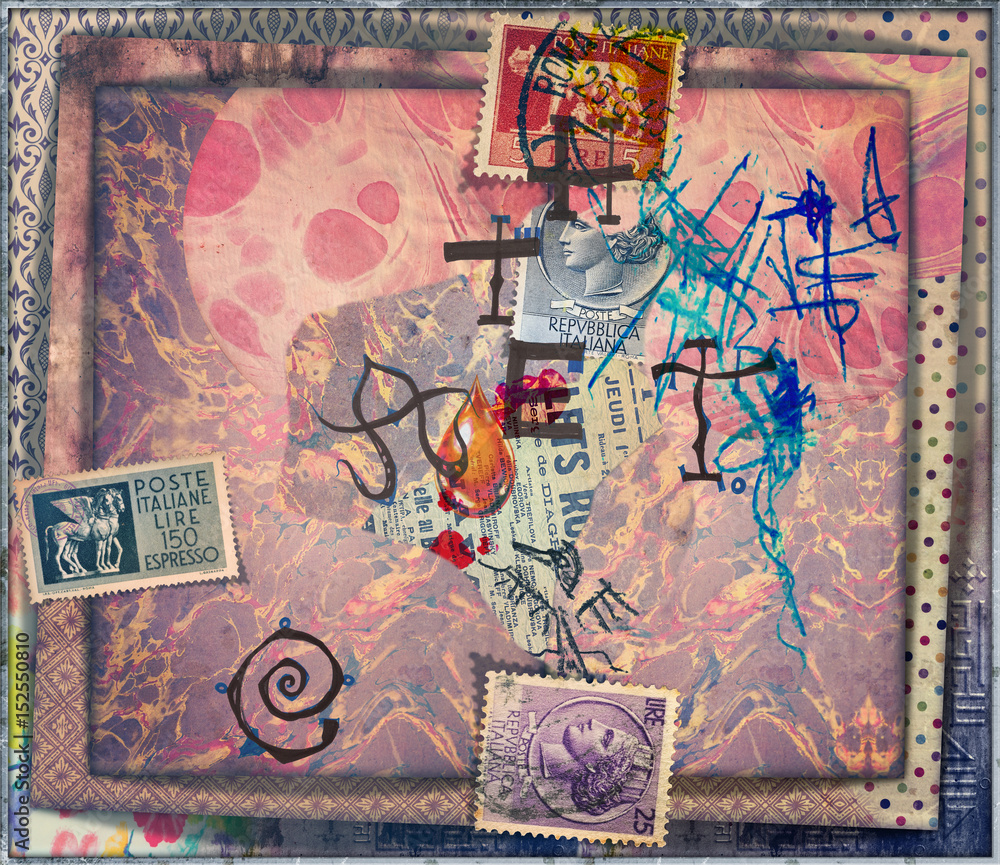 Murals with collage,old stamps,scraps,patchwork  and graffiti
