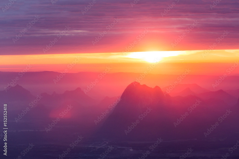 soft focus and blur Beautiful landscape on the top of mountains with the sun at dawn