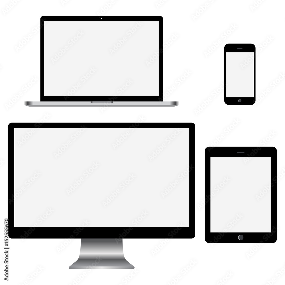 Set of realistic computer monitors, laptop, tablet and mobile phone. Electronic gadgets isolated on white background. Set of realistic computer monitors, laptop, tablet and mobile phone. Electronic gadgets isolated on white background.