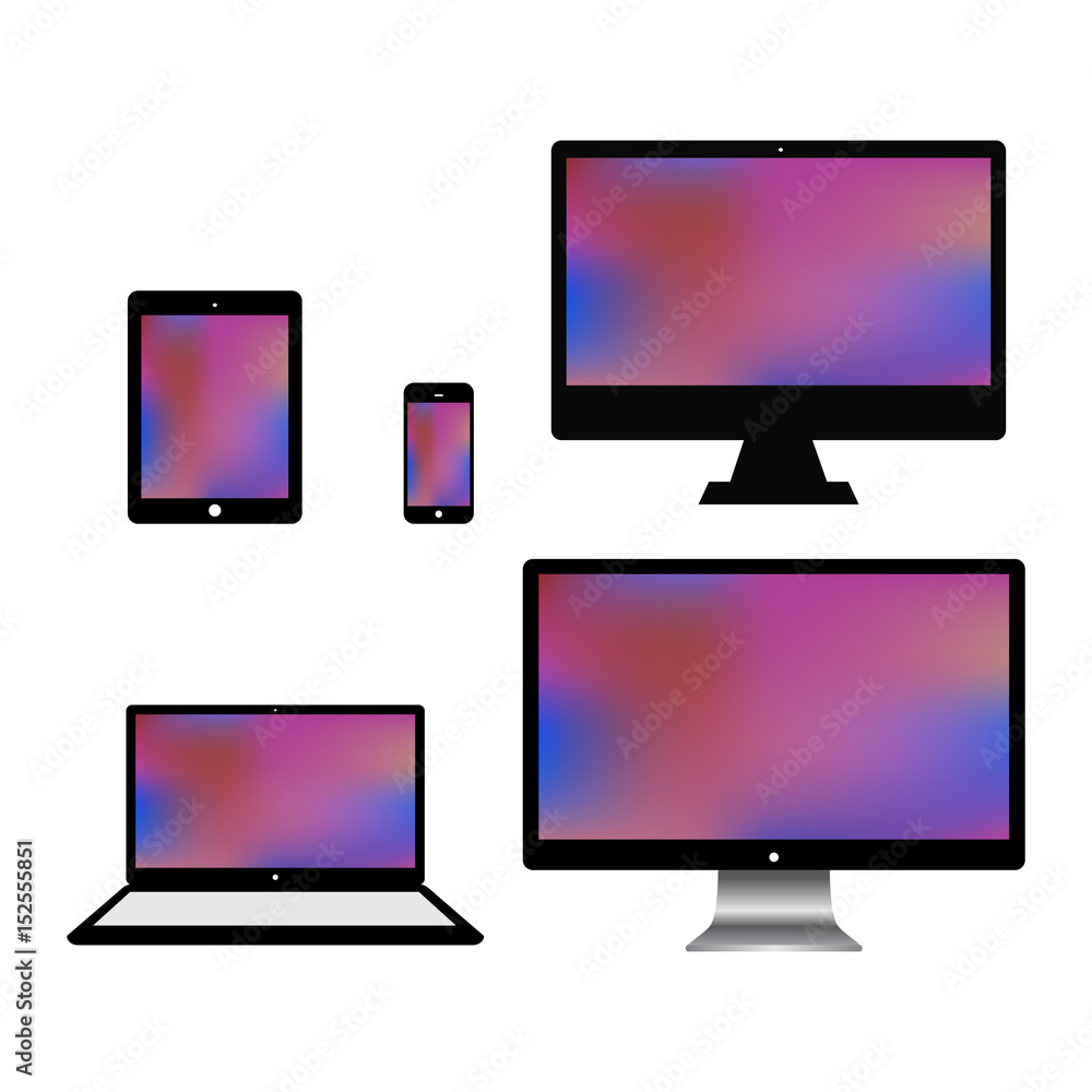 Set of realistic computer monitors, laptop, tablet and mobile phone. Electronic gadgets isolated on white background. Set of realistic computer monitors, laptop, tablet and mobile phone. Electronic gadgets isolated on white background.