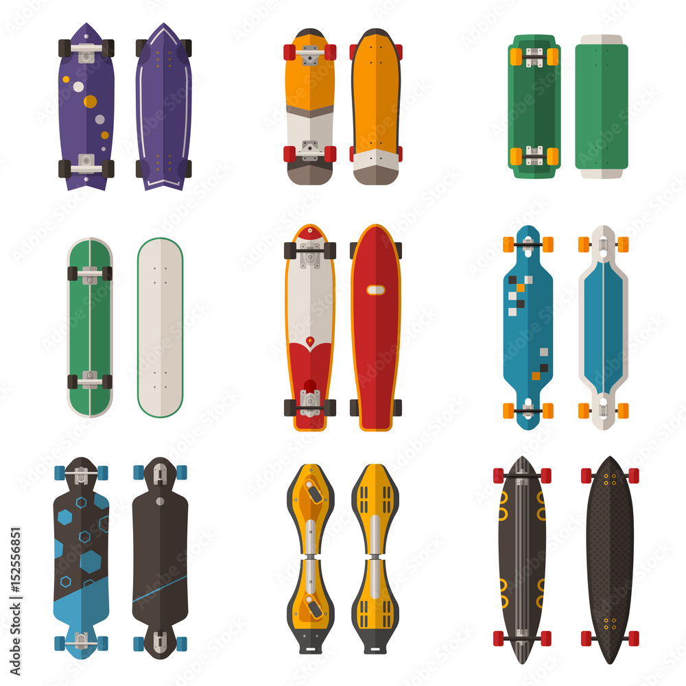 Different skateboard collection. Vector various skate deck in flat design.  Skateboarding desks set. Various colors and styles. Classic skateboard,  longboard, waveboard and more. vector de Stock | Adobe Stock