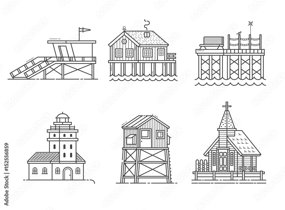 Typical seaside houses and buildings set. Fishing village or town constructor with lighthouse, life guard, pier, stilted house, observation tower and marine church in thin line design. Sea side icons.