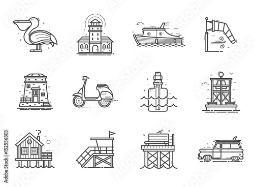 Travel sea side icon set. Summer sea vacation collection with typical seaside town or fishing village elements in line art. Including scooter, surfing car, message bottle, lighthouse, boat and more.